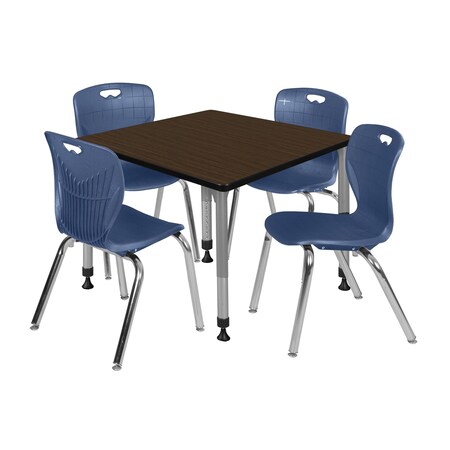 Regency Square Kee Adjustable Classroom Table W/ 4 Andy Stack Chairs, 36 in W, 30 in L, Neo Walnut TB3636NWAPGY40NV