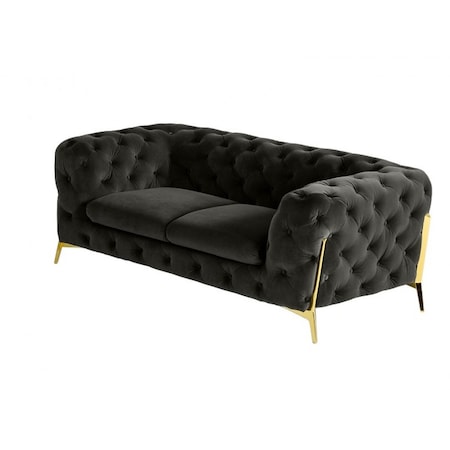 Homeroots 74in Dark Gray And Gold Velour Chesterfield Loveseat 489281