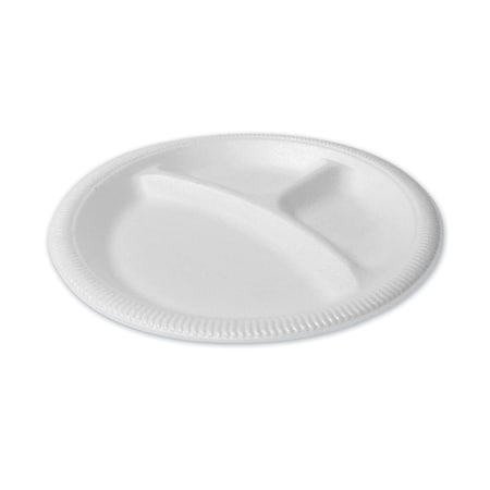 Plastifar Foam Dinnerware, Plate, 3-Compartment, 9in. dia, Poly Bag, White, 500PK 12201