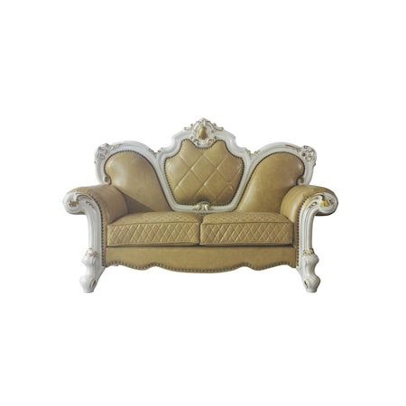 Homeroots 70in Golden Yellow And Pearl Faux Leather Loveseat and Toss Pillows 515711