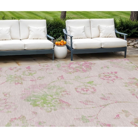 Homeroots 9' X 12' Pink Blush And Artichoke Green Floral Washable Indoor Outdoor Area Rug 589492