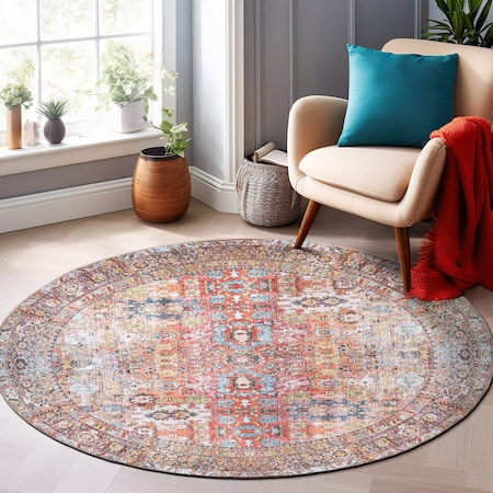 World Rug Gallery Transitional Distressed Machine Washable Non Slip Area Rug 8 ft Round Multi 6030MULTI8RND