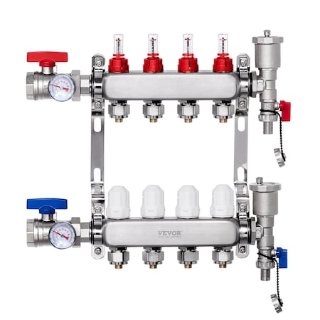 Vevor 4-Branch Radiant Heat Manifold 1/2 in PEX Tubing Floor Heating Manifold Set 7012-25-04-00-NPT