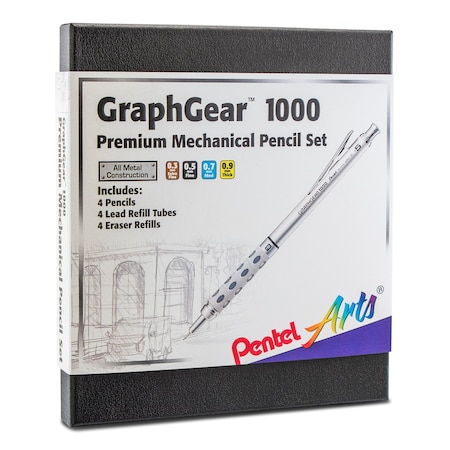 Pentel GraphGear 1000 Premium Mechanical Pencil Set, 4 Lead Sizes & Refill Erasers in Gift Box PG1000BXSET