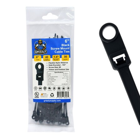 Grizzly Supply Screw Mount Cable Tie, 6 in L, 40 lb Strength, 1.4 in Max Bundle Dia, Nylon, UV-Rated, Black, 30PK GS-SM6-40-0T
