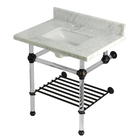 Kingston Brass 30-Inch Carrara Marble Console Sink with Acrylic Legs and Shelf, 8-Inch, 3-Hole KVPB3030MASQB5