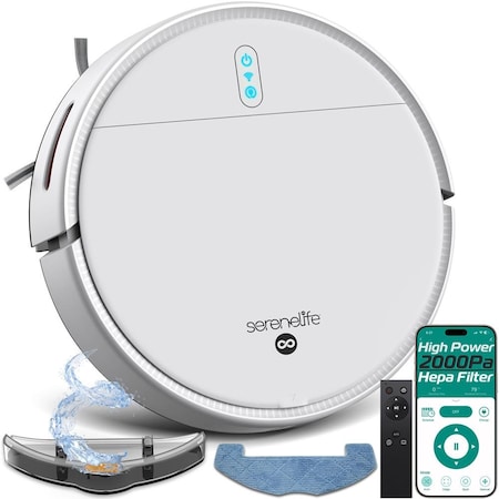 Serenelife Automatic Robot Vacuum Cleaner and Mop Combo, App Control, 3 Cleaning Modes, Smart Anti-Fall, White PUCRCVAC100WT