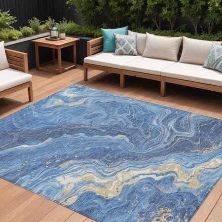 Homeroots 10' X 14' Blue Gold And Ivory Abstract Washable Indoor Outdoor Area Rug 618201