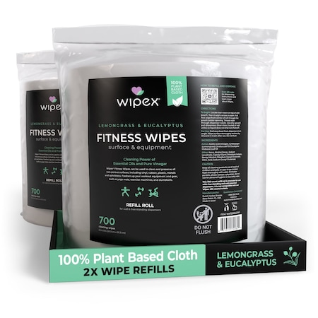 Wipex Plant-Based Fitness Wipes Lemongrass/Eucalyptus 700ct Refills, 1400 Natural Gym Equipment Wipes, 2PK WX72082LERP-2