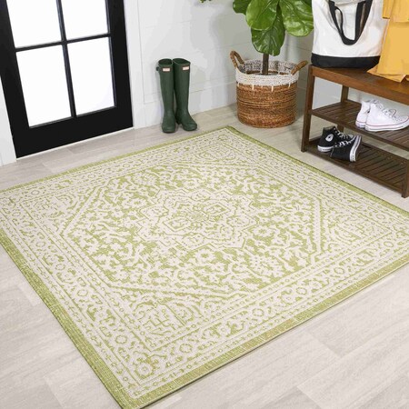 Jonathan Y Sinjuri Medallion Textured Weave Green/Cream 5 ft Square Indoor/Outdoor Area Rug SMB101E-5SQ
