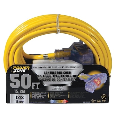 Powerzone Extension Cord, 12 AWG, Outdoor, 3 Outlets, Yellow, 50 ft ORP611830