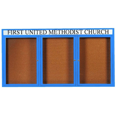 Aarco Illuminated Enclosed Bulletin Board w/ Header Blue Powder Coated Al Frame, 36''Hx72''W DCC3672-3RHIB