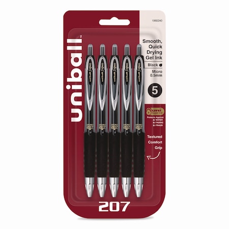 Uni-Ball Signo 207 Gel Pen, Retractable, Fine 0.5 mm, Black Ink, Smoke/Black Barrel, 5PK 1960240