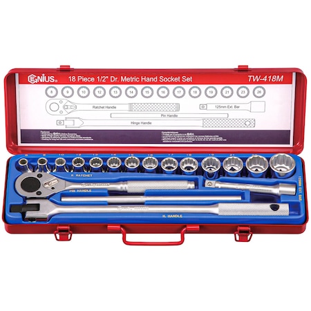 Genius Tools 18PC 1/2in Dr. 12-pt. Metric Hand Socket Set TW-418M