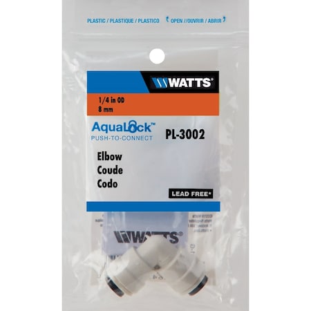 Watts Aqualock 1/4'' x 1/4'' 90 Deg. Push-to-Connect Plastic Elbow PL-3002