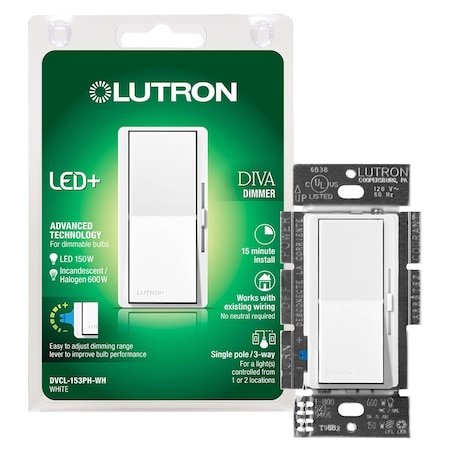 Lutron Diva White 150 W Rocker Dimmer/Paddle Switch DVCL-153PH-WH