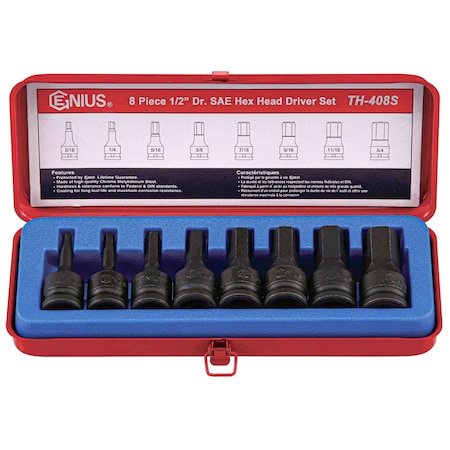 Genius Tools 8PC 1/2in Dr. SAE Hex Head Driver Set TH-408S