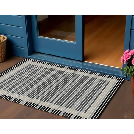 Homeroots 3' X 5' Black And Beige Striped Washable Indoor Outdoor Area Rug 610456