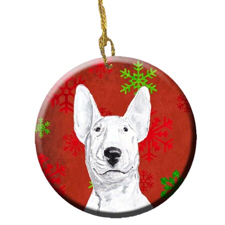Carolines Treasures Bull Terrier Red Snowflakes Holiday Ceramic Ornament- 2.81 Dia SC9590CO1