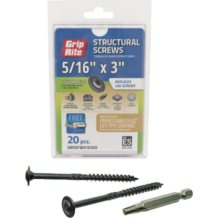 Grip-Rite PrimeGuard Plus 5/16''x3'' Flat Washer Head Structure Screw, 20-Count GRSSFW516320