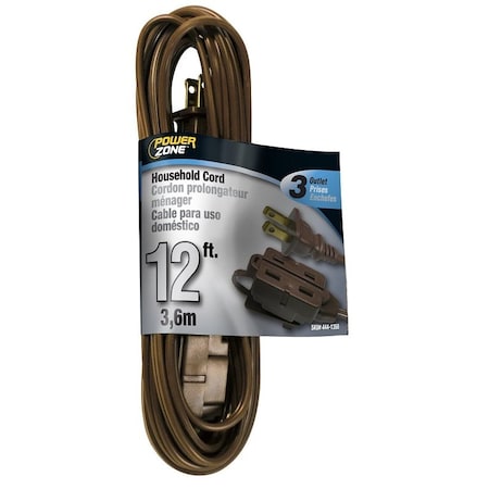 Powerzone Extension Cord, 16 AWG Cable, 12 ft L, 125 V, Brown OR670612