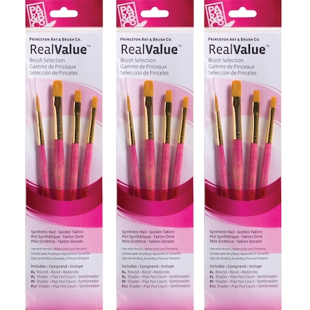 Princeton RealValue Brush Set, Gold Taklon Bristles, Short Handle Mixed Media Paintbrush, 4-Piece Set, 3PK PR9181