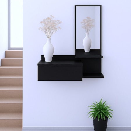 Homeroots 36" Black Wood Wall Mounted Accent Cabinet With Drawer And Mirror 571403