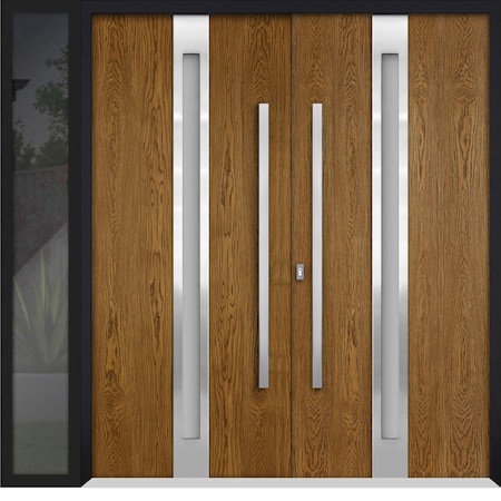 Vdomdoors Steel Double Doors Deux 1744 Natural Oak Sidelight Exterior Black Window Stainless Inserts Single M DEUX1744DEXD-OAKB-RH-W72+14 x H80