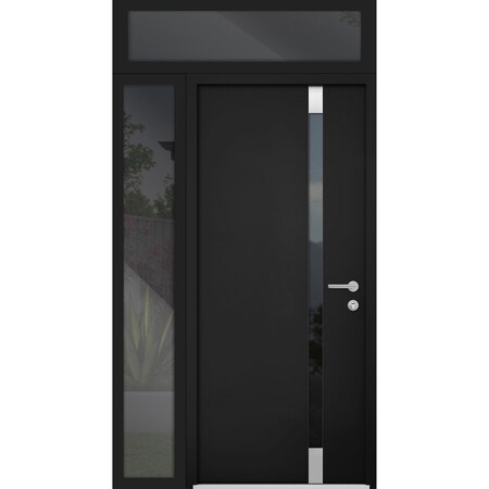 Vdomdoors Steel Door Cynex 6777 Black Sidelight and Transom Window Stainless Inserts Single Modern Painted-W3 CYNEX6777EXD-BLK-W36+16 x H80+16-Left-hand Inswing
