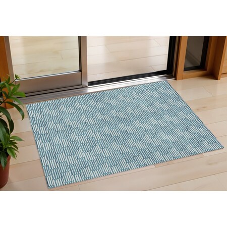 Homeroots 3' X 5' Teal Blue And Ivory Geometric Washable Indoor Outdoor Area Rug 595037
