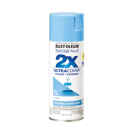 Rust-Oleum Painter's Touch 2X Ultra Cover Spray Paint, Spa Blue, Gloss, Solvent, 12 oz 334045