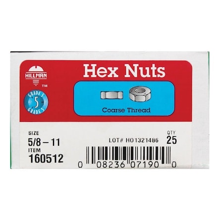 Hillman 5/8 in. Zinc-Plated Steel USS Hex Nut, 25PK 160512