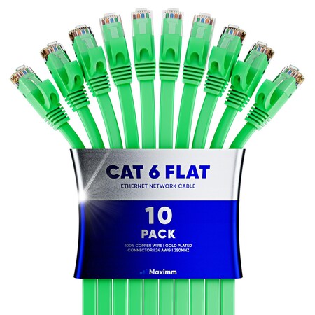 Maximm Cat6 Flat Ethernet Cable 30ft, 10PK, Green, 10PK CAT6F-30FTGREEN10PK
