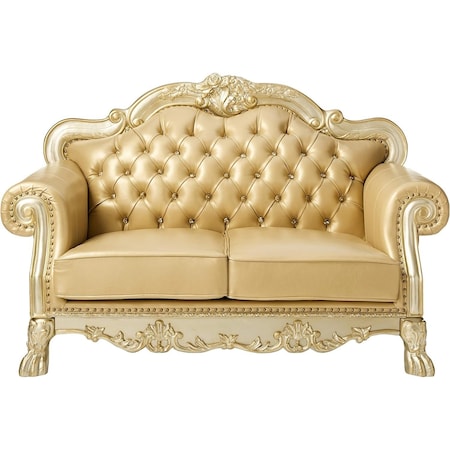 Homeroots 64in Bone And Gold Faux Leather Loveseat and Toss Pillows 515706