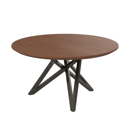 Homeroots 47" Brown and Gray Wood and Stainless Steel Cross Leg Base Round Top Dining Table 555149