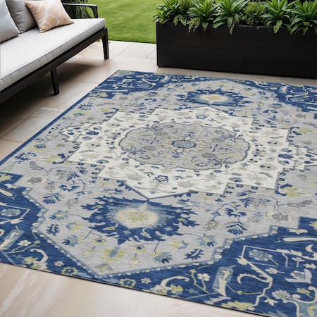Homeroots 5' X 8' Navy Blue Ivory And Gray Oriental Washable Indoor Outdoor Area Rug 596639