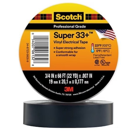 3M Scotch Super 33+ Vinyl Electri Tape, 3/4 In X 66 Ft, Black, 20PK 33+-3/4X66FT-1-20