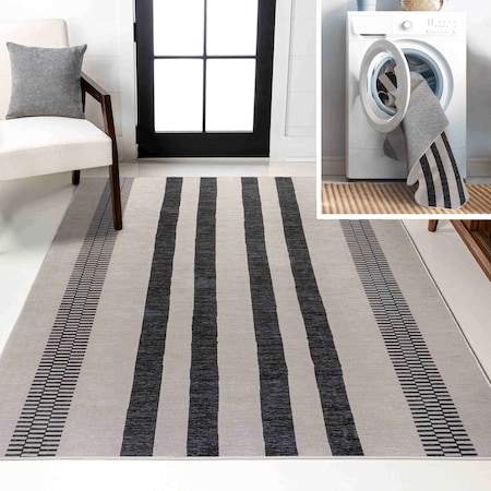 Jonathan Y Vichy Geometric Striped Non-Slip Machine-Washable Ivory/Dark Gray 9 ft. x 12 ft. Area Rug WSH122B-9