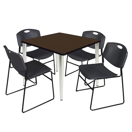 Regency Square Kahlo Breakroom Table W/ 4 Zeng Stack Chairs, 36 in W, 36 in L, Noble Oak TPL3636NWCM44BK