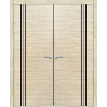 Sartodoors Solid French Double Doors, Planum 0011 Natural Veneer and Aluminum Strips, Wood Solid Panel Frame T PLANUM0011DD-SHP-4896