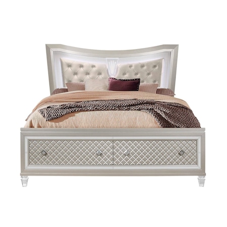 Homeroots Champagne Tone Queen Bed With Padded Headboard Led Lightning 2 Drawer 383810
