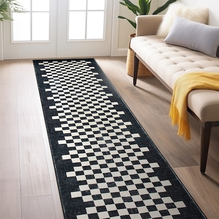 World Rug Gallery Contemporary Checkered Border Washable Non Slip Runner Rug 2 ft x 8 ft Black WR81BLACK2X8