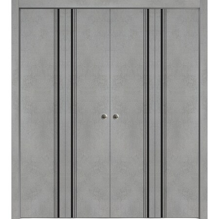 Sartodoors Sliding Closet Double Bi-fold Doors, Planum 0011 Concrete and Aluminum Strips, Sturdy Tracks Moldin PLANUM0011DBF-BTN-96 x 84 (4* 24x84)