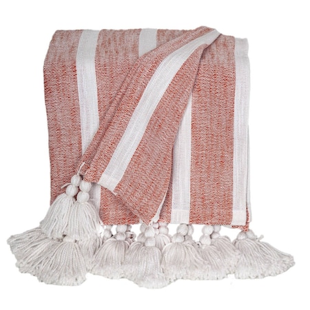 Homeroots 50" X 60" Rust Woven Cotton Striped Throw Blanket with Tassels 548932