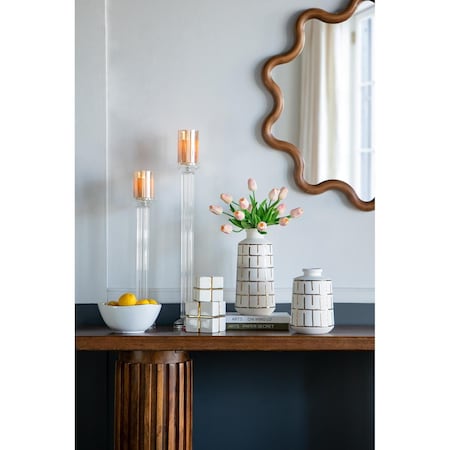 Homeroots 12" Ivory And Gold Geometric Cylindrical Ceramic Table Vase 574209