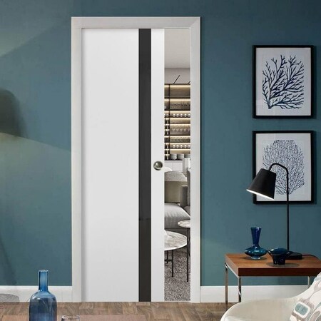 Sartodoors Sliding French Pocket Door 36 x 84 inches with, Planum 0040 White Silk with Black Glass, Kit Trims PLANUM0040PD-WS-3684
