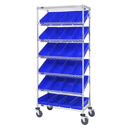 Quantum Storage Systems WIRE SHELVING UNIT W/24 BLUE BINS MOBILE MWRS-7-108BL