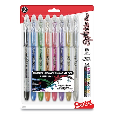 Pentel Sparkle Pop Metallic Gel Pen, Stick, Bold 1 mm, Assorted Ink Colors, Clear Barrel, 8PK K91BPS8M