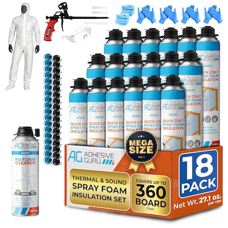 Adhesive Guru AG930S Insulation Foam Set, 18 Pack Spray Foam 32.8 oz. & 1 Foam Dispensing Gun & 1 Foam Cleaner adgr_Ins_FoamSet_18pk