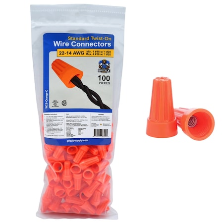 Grizzly Supply Standard Screw-On Wire Connector, 22-14 AWG, 600V Max, Thermoplastic, Orange 100PK WCS-Orange-C